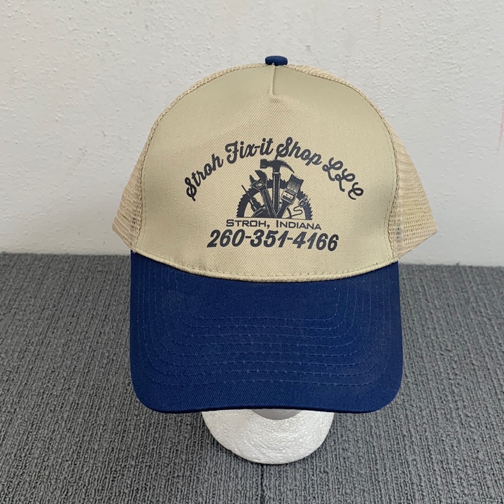 Stroh Fix-it Shop Trucker Hat Mens Adjustable Navy Beige Mesh Back NISSIN Cap